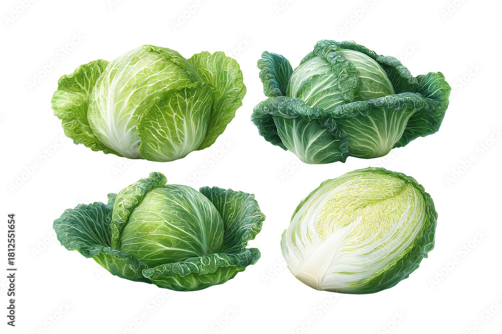 Fototapeta premium Fresh Green Cabbage Heads Isolated on White Background.