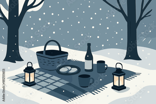 Winter Picnic Magic. Winter picnic under trees. Snow drifts gently around a picnic setup with blankets and