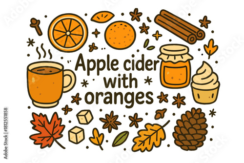 Cider & Oranges Doodle. Apple cider with oranges. Hand-drawn doodle illustration of Apple cider with oranges.