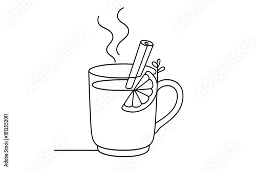 Minimalist Mulled Wine. Festive mulled wine. Minimalistic one-line drawing close-up mug with steam and subtle