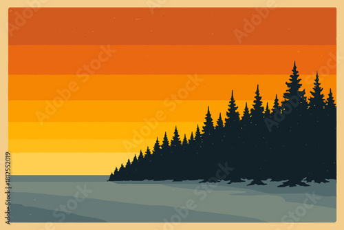 Snowy Sunset Silhouette. Frozen horizon minimalist flat illustration of a snowy forest edge silhouetted