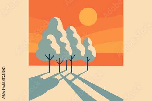 Minimalist Snowy Grove. Sunset clearing minimalist flat illustration of a small grove of snow-covered trees