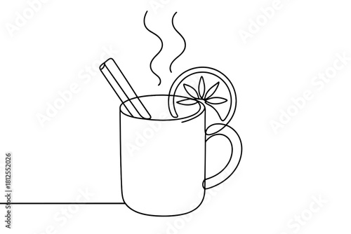 Minimalist Holiday Drink. Cozy holiday beverage. Minimalistic one-line drawing steaming mug with orange and