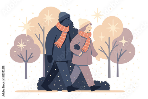 Evening Snow Stroll. Evening snow walk. Two figures in matching scarves stroll past softly glowing trees,