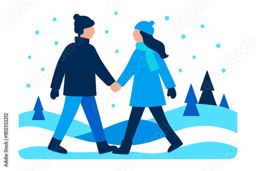 Minimalist Snowy Stroll. Couple Snow Walk. Flat minimalist vector illustration of a Couple Snow Walk.