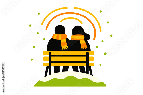 Warmth in Snow. Snowy hill together. Two figures sit on a bench wearing matching scarves, snow drifting gently