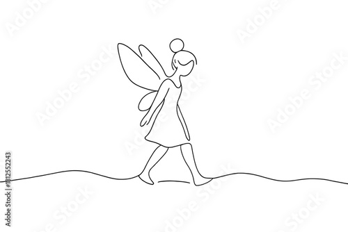 Winter Fairy Walk. Winter fairy stroll. Minimalistic one-line drawing tiny winged figure walking across