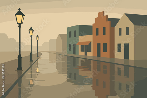 Retro Town Promenade. Quiet town promenade minimalist flat illustration of geometric buildings with lanterns