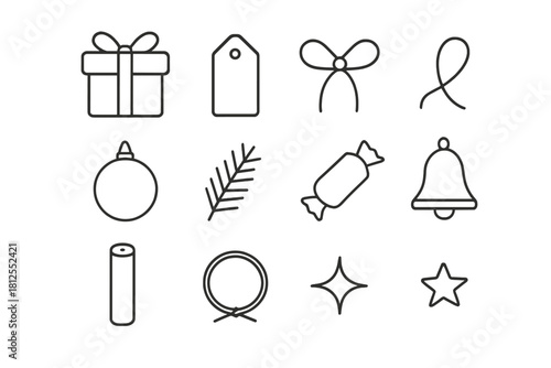 Gift Essentials Icons. Gift flat lay essentials. Line outline icon set of Gift flat lay essentials: gift box,