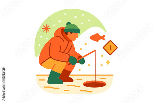 Winter Fishing Scene. Ice fishing moment. A figure crouches near a frozen lake hole, rod in hand, snow