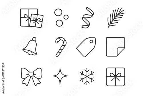 Flat Lay Icon Grid. Flat lay composition. Line outline icon set of Flat lay composition: overlapping gifts,