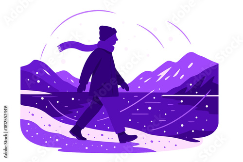 Winter Fjord Stroll. Coastal winter lifestyle. A person walks along a snow-covered fjord shore, scarf trailing