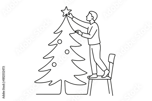 Minimalist Tree Decorating. Festive home tree. Minimalistic one-line drawing person adjusting tree topper