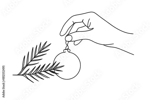 Minimalist Christmas Ornament. Christmas ornamenting. Minimalistic one-line drawing hand placing bauble on