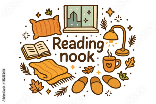 Cozy Reading Nook. Reading nook. Hand-drawn doodle illustration of Reading nook. book, cozy blanket, mug of
