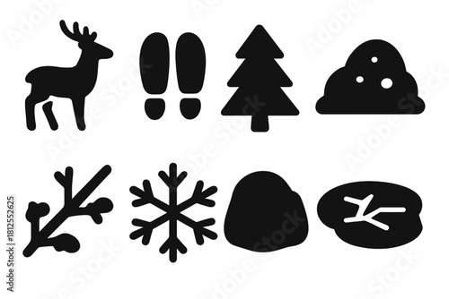 Winter Wildlife Icons. Winter wildlife. Filled icon set of Winter wildlife: deer, snowshoe tracks, pine tree,