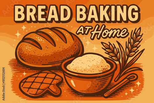 Retro Bread Baking Scene. Bread baking at home. 70s poster vibe, warm rustic gradient, thick outlines, offset