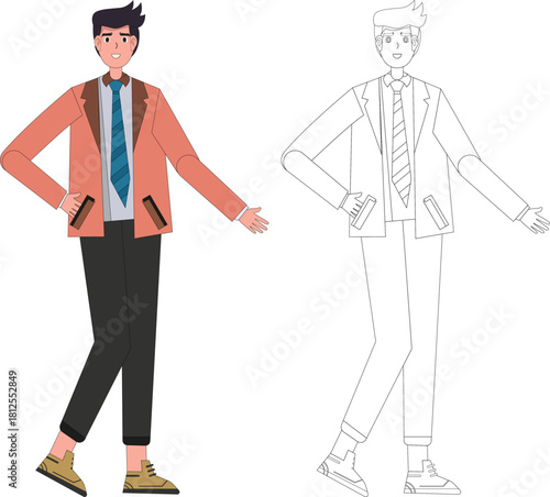 Professional man in blazer and tie presenting gesture, cartoon