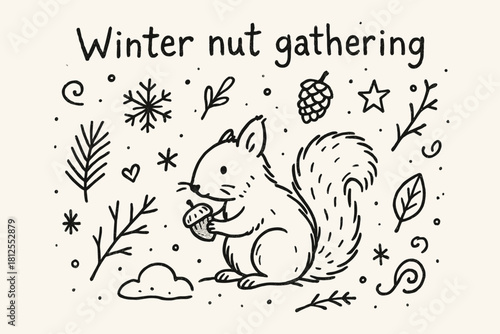 Winter Nut Gathering. Winter nut gathering. Hand-drawn doodle illustration of Winter nut gathering. Central