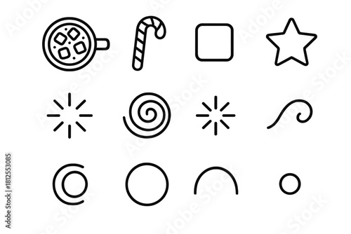 Festive Drink Icons. Flat lay festive drink. Line outline icon set of Flat lay festive drink: overhead mug,