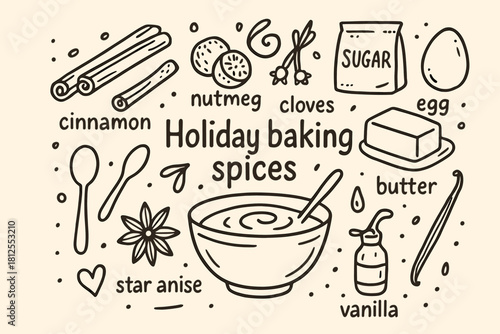 Holiday Spice Doodle. Holiday baking spices. Hand-drawn doodle illustration of Holiday baking spices. Central
