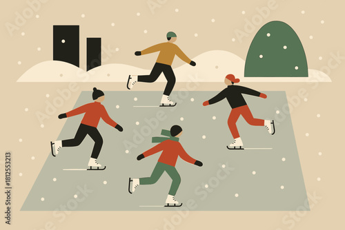 Bauhaus Ice Skaters. Snow-dusted plaza minimalist flat illustration of figures skating across a lightly