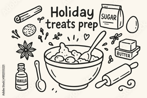 Holiday Treats Prep. Holiday treats prep. Hand-drawn doodle illustration of Holiday treats prep. Central