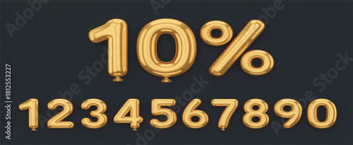 Golden shiny inflatable balloon numbers vector set from zero to nine with a percentage symbol for discounts and celebrations