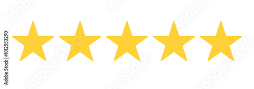 Five Yellow Star Rating Icon with Minimal Flat Review Symbols, Simple Feedback Score Design for UI, Web Interface and Customer Evaluation