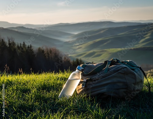 Reusable water bottle resting against a hiking bag on a green hill