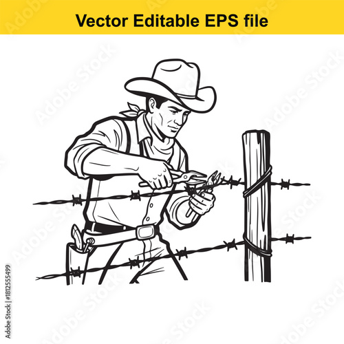 Black and white vector illustration of a cowboy wearing a hat and bandana repairing barbed wire fence with pliers, isolated on