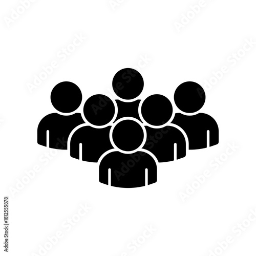 A black silhouette icon depicts a group of seven people standing together, represented by simple circular heads and body shapes.