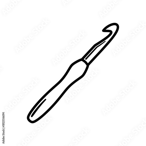 Minimalist black outline vector icon of a crochet hook, symbolizing knitting, handmade crafts, sewing tools, isolated on a transparent background