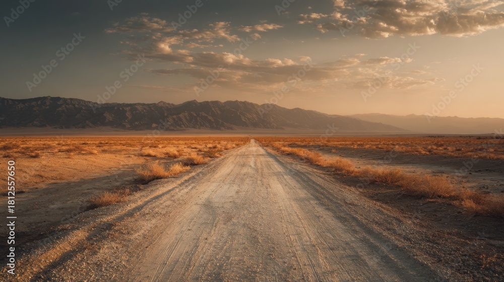 Fototapeta premium long road through desert with distant mountains, golden hour lighting, textured sky, cinematic and immersive, evokes travel and adventure, soft warm