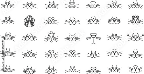 Playful cat nose and whisker icon collection, creative feline face set, cute cartoon outline symbols for design projects