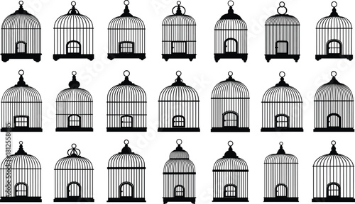 Vintage birdcage silhouette collection, elegant cage vector set, decorative retro enclosure designs for creative artwork and illustrations