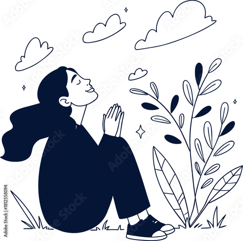 Cartoon vector art design illustration of a beautiful girl in a hat, person in the park or forest