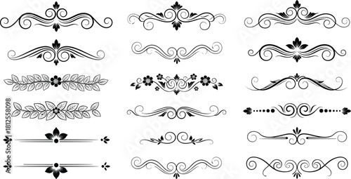 Elegant floral ornament divider collection, vintage decorative flourish borders, classic swirl design elements for creative artwork projects