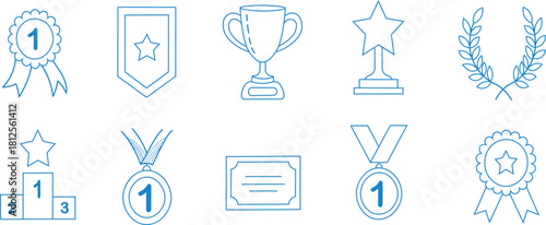 Hand-drawn series of award symbol doodles.  Win certificates, champion medals, and trophy cups.  Champion, win, and success elements in a hand-drawn doodle style.  Vector illustration