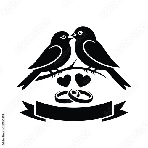 Romantic Lovebirds Silhouette with Wedding Rings and Hearts in Elegant Design