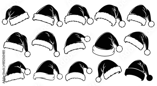 Collection of black santa hats hand drawn holiday illustration