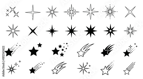 Set of hand drawn starbursts and shooting stars illustrations