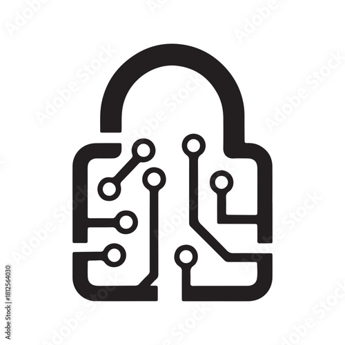 A bold black silhouette vector icon of a digital padlock with internal circuit board pathways symbolizing strong cyber security and electronic data protection