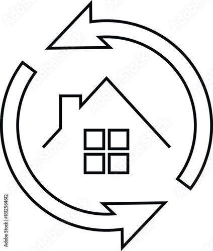 Clean minimal line-style vector icon showing a house surrounded by a circular arrow. Represents home improvement, renovation cycle, property update, home sync, maintenance, and smart home