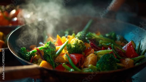 Colorful vegetable stir-fry in a hot pan with steam rising