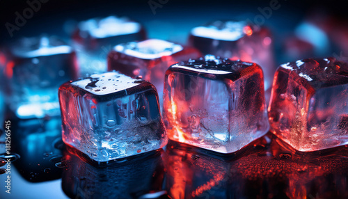 Intense Cold Ice Cubes In Moody Blue And Red Lighting Cinematic Close Up On Dark Surface