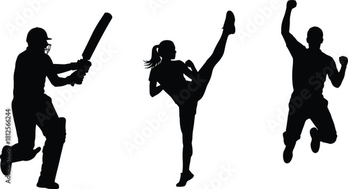 Dynamic athlete silhouettes performing cricket batting, high kick martial arts, and victory celebration poses, active sports action vector set