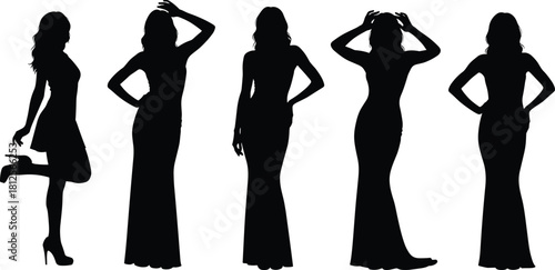 Elegant female silhouettes in stylish dresses posing fashionably, long gown woman poses collection, fashion model silhouette vector setElegant female silhouettes in stylish dresses posing
