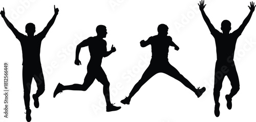 Silhouettes of athletic men running, jumping, celebrating with raised arms, energetic male movement poses, active sports action vector illustration set