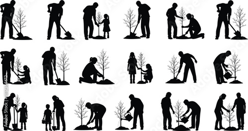 Silhouettes of people and children planting trees, watering saplings, digging soil, teamwork environmental conservation, nature care activity vector set